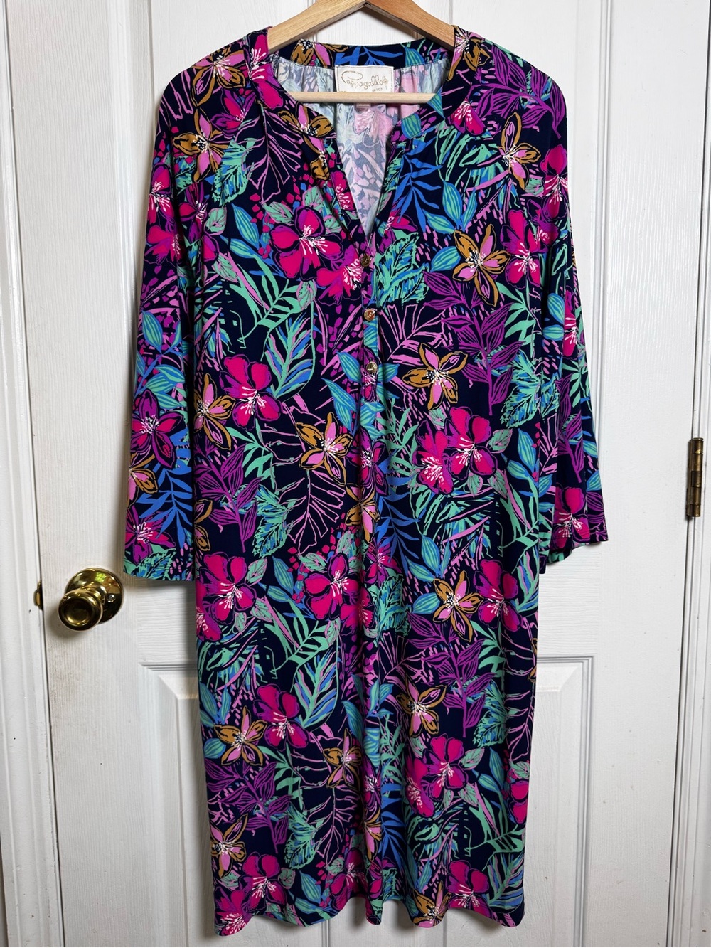 Pappagallo Tropical Floral Shift Dress Large 3/4 Sleeve Stretch Knit Palm Beach